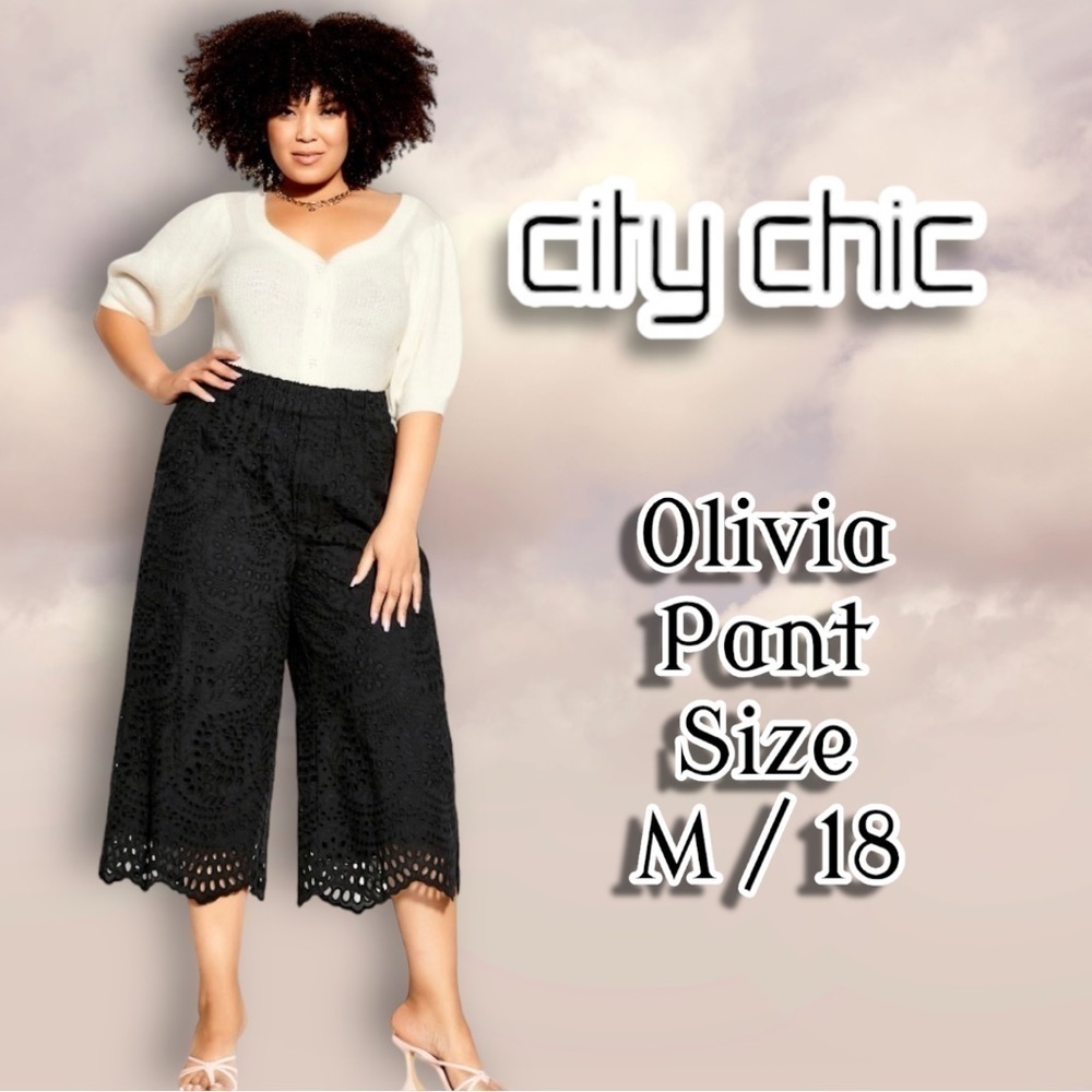 City CHIC Olivia Pant - Black Eyelet Cotton Lined Cropped Culotte Pant Size 18